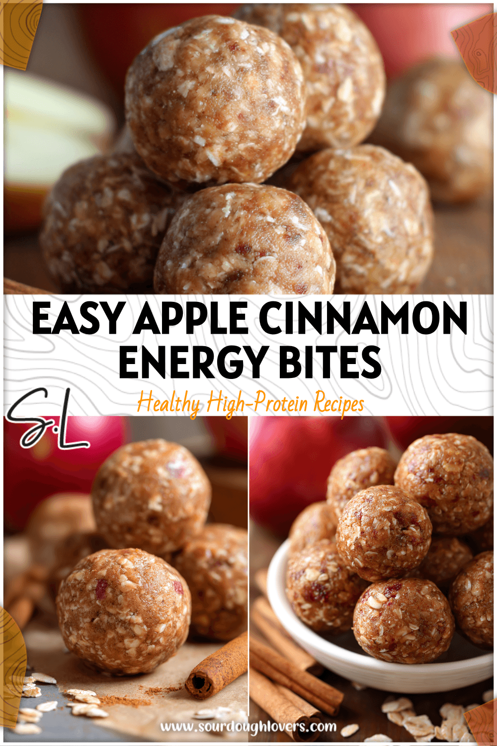 Round Apple Cinnamon Energy Bites rolled in oats and cinnamon, a healthy no bake apple recipe snack.
